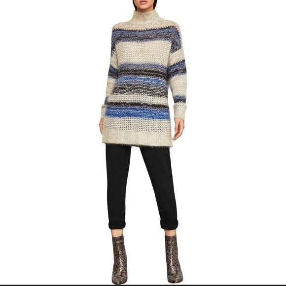 $298 NWT BCBGMAXAZRIA Sz2XS STRIPED OVERSIZED MOHAIR TUNIC SWEATER CERULEAN - Picture 5 of 11